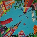 Meerdere gebouwen uit Oude Pekela op een speelse wijze op doek gezet van 1.00x1.00 cm.