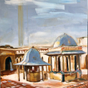 Naar aanleiding van het boek 'de bijenhouder van Aleppo'. Je ziet de 14e eeuwse moskee van Aleppo die door de burgeroorlog zwaar is beschadigd. Op de achtergrond een fata morgana van de minaret die er ooit stond.