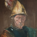 De man met de gouden helm ( 2018)<br />Acryl op canvas 60 x 80<br />Gemaakt bij Claire Poutsma (1965-2023)