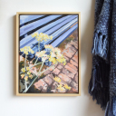 'Het blauwe bankje'<br /><br />Nog heel even wachten. Dan schijnt de zon en kunnen we weer heerlijk de tuin in. Tijd om aan de slag te gaan met het zaaien van nieuwe planten en hier en daar wat snoeien. Of om even lekker te gaan zitten en genieten van het verrichte werk onder het genot van een lekker kopje thee.<br /><br />- Origineel schilderij<br /><br />- Acrylverf op doek<br /><br />- Doekmaat 30 x 40 cm<br /><br />- Inclusief lijst