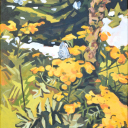 'Boerenwormkruid'<br /><br />Deze plant heb ik vaak in de berm zien staan, maar eigenlijk keek ik er pas goed naar toen ik bij iemand in de tuin zat, en ze daar vlak naast het terras groeide. Van alle planten die er stonden trok deze veruit het meeste bezoek. Waaronder van deze blauwtjes.<br /><br />- Origineel schilderij<br /><br />- Acrylverf op doek<br /><br />- Doekmaat 40 x 50 cm<br /><br />- Inclusief lijst